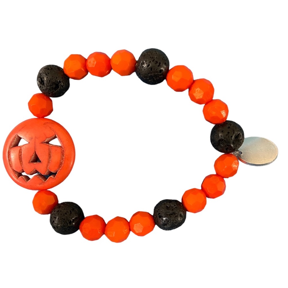 New Handmade Halloween 🎃 Pumpkin Lava Stone Black & Orange Stretchy Bracelet